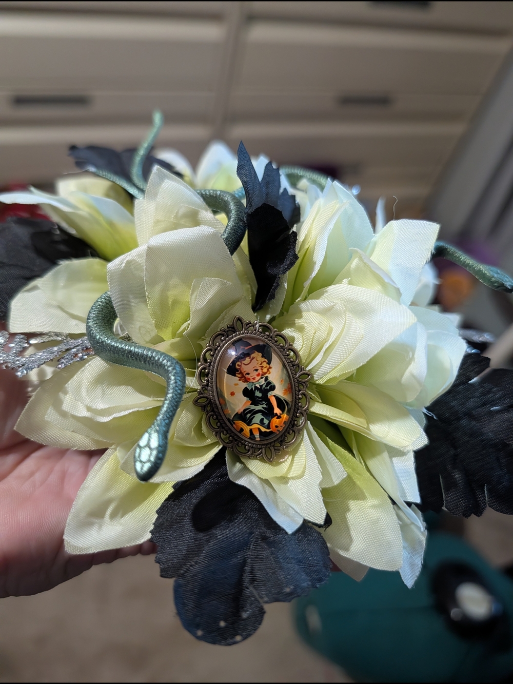 Charteuse Black And Silver Witchy Hair Flower- Handmade